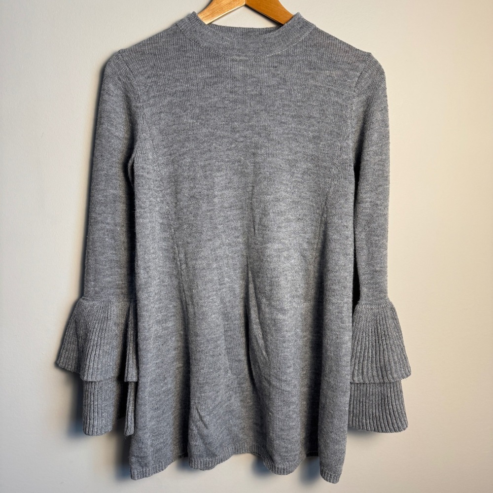 California MoonRise‎ Gray Mock Neck Bell Sleeve Tunic Sweater Women Size XS Twee